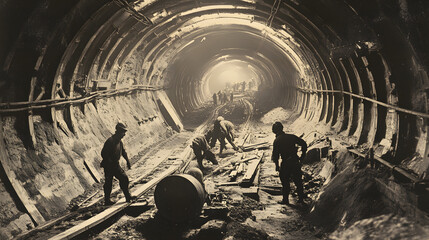Workers in a dimly lit tunnel, industrial setting with tools scattered, teamwork in progress, gritty atmosphere, space for text.