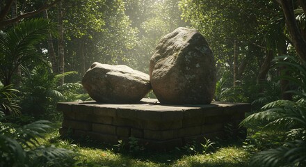Fototapeta premium Luminous sunlight filters through lush jungle foliage illuminating ancient stones resting on a low stone platform.. AI Generated