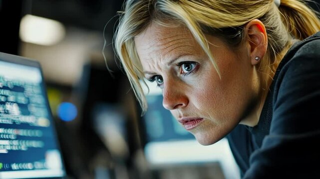 Focused female computer programmer working diligently on source code and enhancing cyber security late at night within a dimly lit server room filled with technology