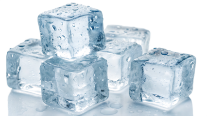 Stack of Transparent Ice Cubes with Water Droplets Isolated on White Background – Cool and Refreshing Concept