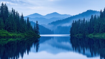 Serene mountain lake reflecting majestic evergreen trees under a tranquil blue sky Picturesque nature landscape