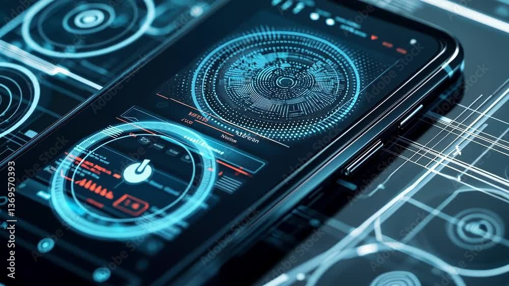 Poster futuristic biometric fingerprint scanner displayed on a smartphone screen, ensuring advanced cyber s