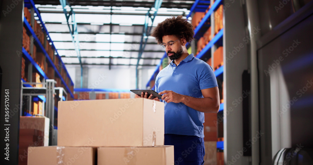 Poster black delivery man smiling while using tablet