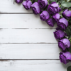 flat lay of purple roses and tiny diamonds on a rustic white wooden surface