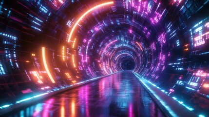 Fototapeta premium Neon Corridor: A futuristic neon-lit corridor creates a captivating and immersive tunnel of vibrant lights, exuding a sense of depth and technological wonder.