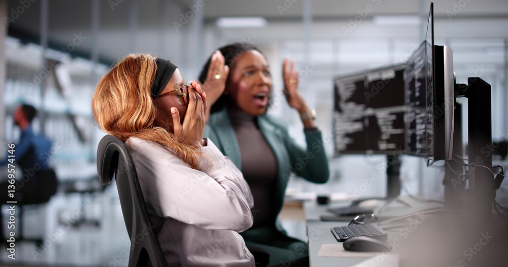 Poster Unhappy developer stressed coding software on computer in office