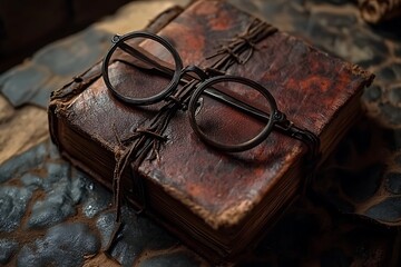 Antique Leather-Bound Book with Vintage Glasses