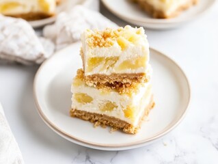 A visually appealing image showcases a delectable stack of tropical dessert bars. The photo focuses on close-up details of the layers and textures.