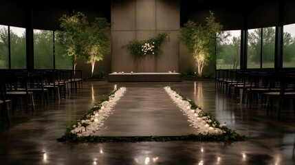 Modern, minimalist wedding ceremony space.  A sophisticated, neutral-toned venue with a polished concrete floor, dark seating, and a simple, elegant aisle lined with greenery and candles.