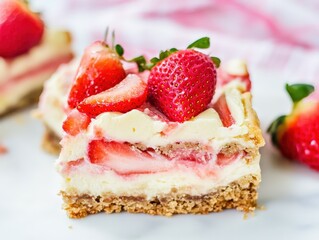 A close-up shot showcasing a delectable piece of strawberry cheesecake. the fresh, ripe strawberries, creamy cheesecake filling.