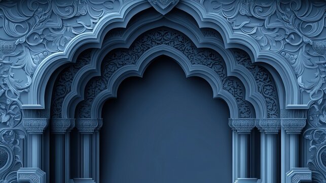 Intricate Islamic archway, blue, ornate background, design template