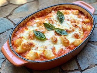 A beautifully presented dish of baked gnocchi, smothered in rich tomato sauce and topped with melted cheese and fresh basil. A visual feast for food lovers.