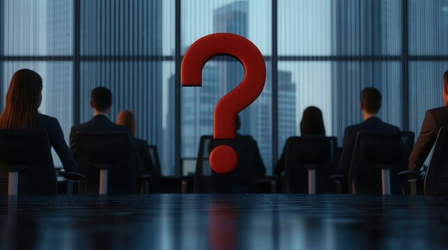 silhouettes decision meeting  question mark concept. Mysterious meeting with a question mark in a modern office setting.