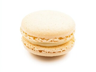 A single vanilla macaron, showcasing its delicate textures and inviting creamy filling, embodies pure indulgence and a moment of sweet luxury.