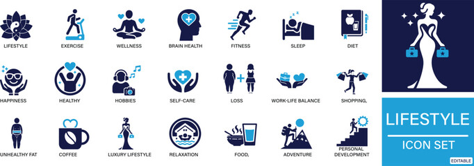  Lifestyle icon set . Health, Wellness, Fitness, Travel, Food, Hobbies You can easily change the color..
