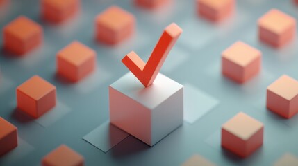 Obraz premium Orange checkmark on white cube among orange blocks in a digital design environment