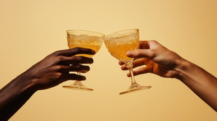 Two men hands raising cocktails in a toast, glasses clinking with a warm khaki gradient background, symbolizing celebration and good times.