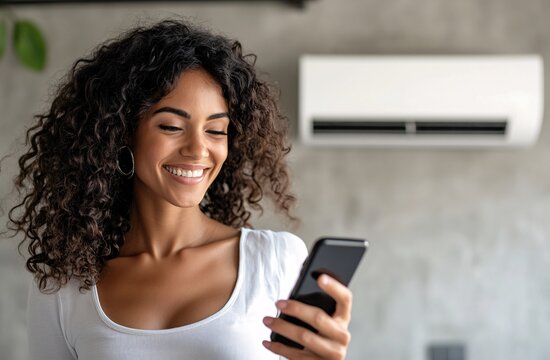 Smiling woman with remote control enjoys cool air from mini split conditioning system