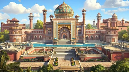 Fototapeta premium Majestic Indian Palace, sunny day, gardens, kites. Travel brochure