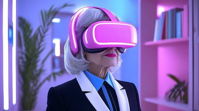 Senior woman VR headset experience.