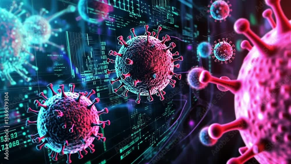 Poster microscopic view of coronavirus particles floating over digital code representing cyber security thr