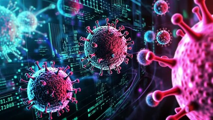 Microscopic view of coronavirus particles floating over digital code representing cyber security threats and data vulnerability during pandemic - Powered by Adobe