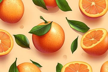 Vibrant orange fruit pattern illustration with refreshing citrus and green leaves design
