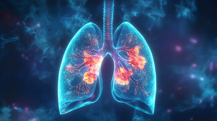 3D illustration of human lungs with multiple cancerous tumors and glowing bronchial tree, depicting lung cancer in a dark environment