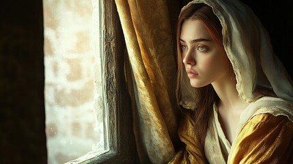 Obraz premium Young Woman Dressed as a Medieval Princess Gazing Out a Window