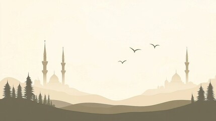 Naklejka premium Misty sunrise, mosque silhouette, hills, birds, travel brochure