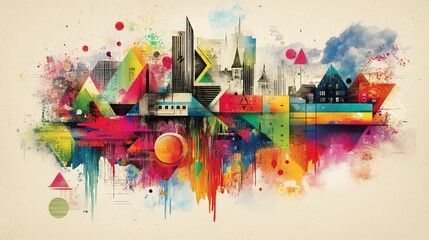 Abstract cityscape with vibrant colors and geometric shapes.