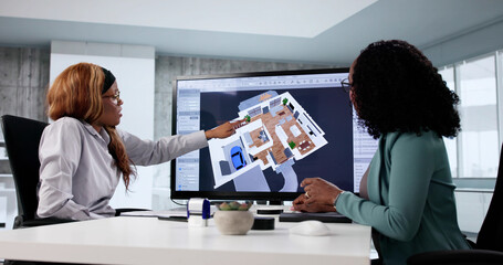 Architect analyzing house floor plan; woman renovating real estate