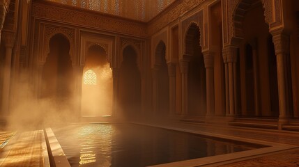 Moroccan Palace Pool, Sunlit Interior, Misty Atmosphere, Relaxing