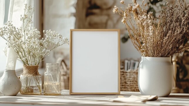 A modern, minimalist 5x7 inch blank sign framed with a thin rustic gold border, elegantly displayed on a table, perfect for a boho party or custom event signage and decoration.