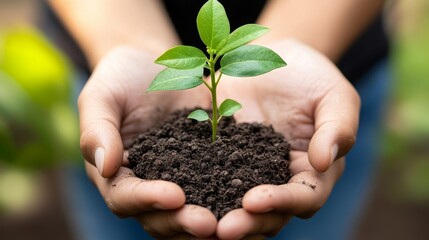 Close-up of hands holding a small green plant with soil, symbolizing sustainability and growth.