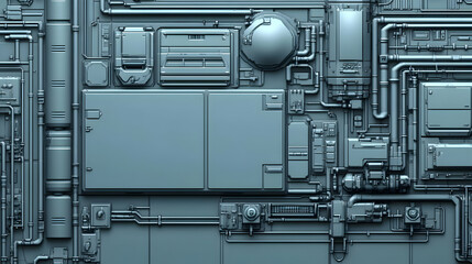 Detailed Gray Metal Industrial Wall Texture with Pipes and Geometric Panels in a Complex Mechanical Design