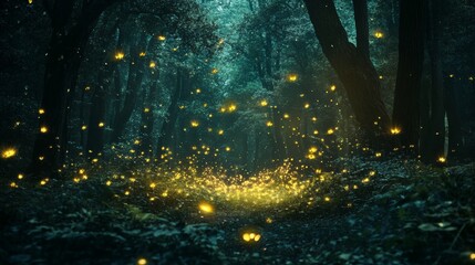 Fireflies glowing in the twilight of a dense forest, creating a dreamy atmosphere.