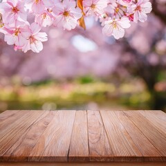Empty wooden table in Sakura flower Park with garden bokeh background