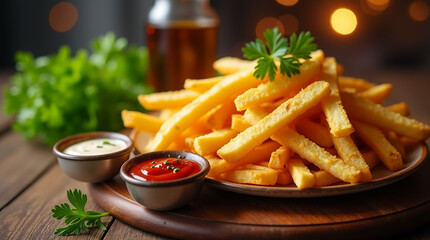 French Fries on plate in Restaurant Background, French Fries in Restaurant
