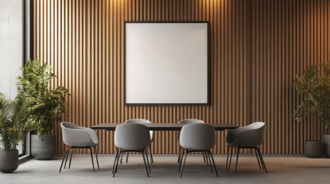 Modern conference room with minimalistic design, showcasing a blank canvas and stylish seating arrangement