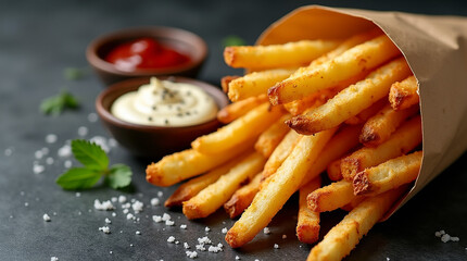 French Fries in Restaurant background, French Fries in paper bag