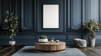 A beautifully designed interior with navy wall and decorative accents