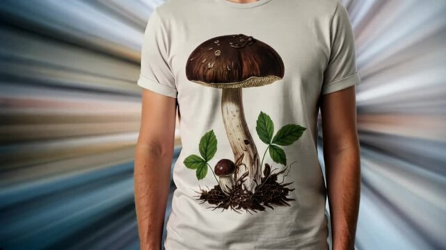Person wearing a pioppini mushroom-themed t-shirt, standing against a blurred, dynamic background
