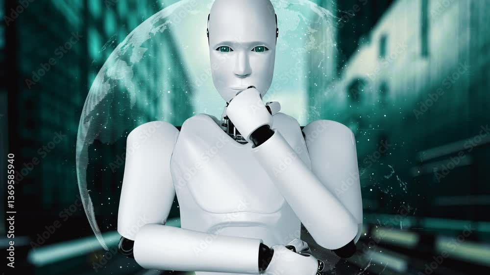 Poster thinking ai hominoid robot analyzing hologram screen showing concept big data analytic using artific