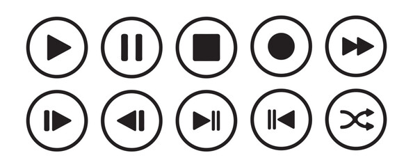 Media player control icon set, interface multimedia symbols, play and pause buttons icon set, ideal for media player. Elements for video streaming app. Vector  Eps 10