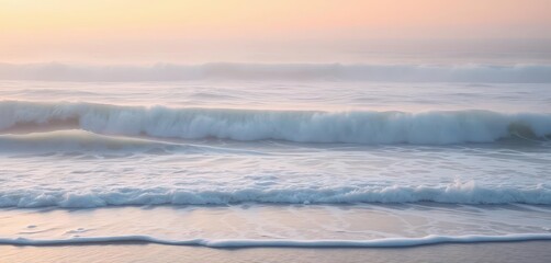 Misty dawn, rolling waves breaking on shore, grey ocean, surf, grey, morning