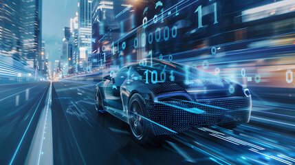 Self-driving car navigating a cityscape with binary