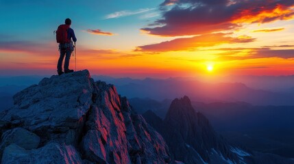 Fototapeta premium Hiker atop mountain peak at sunset views