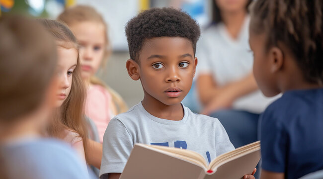 An African American boy is sitting in the middle of a group, reading to children with white skin around him. The little girl is holding an open book and listening intently while .World Book Day Conce