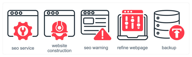 A set of 5 business icons as seo service, website construction, seo warning